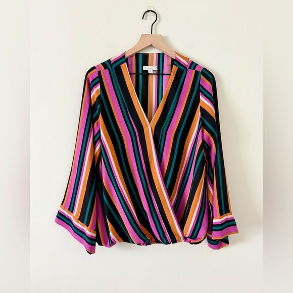 Allison Joy Boutique Faux Wrap Front Blouse with Wide Sleeve in Multi Stripe - M - Picture 1 of 6